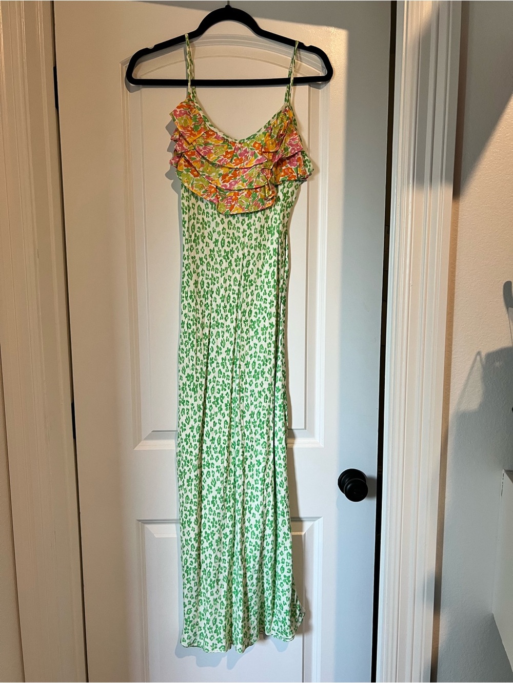 RIXO Green Floral Ruffle Spaghetti-Strap Maxi Dress